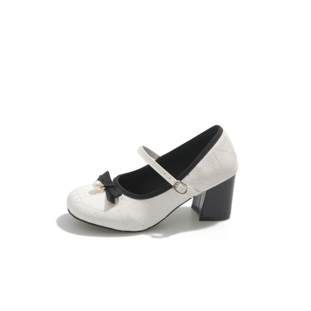 

White French round head thick heel bow single shoes women s spring and summer 2025 with skirt retro versatile Mary Jane shoes 40