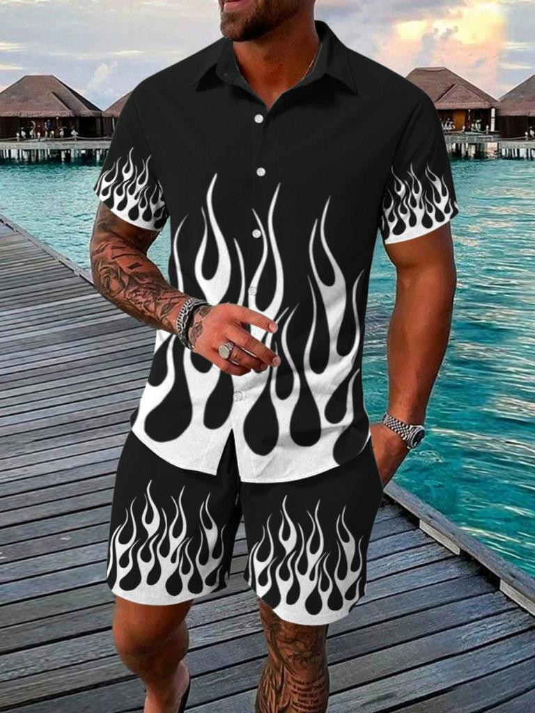 Summer Beach Party Men's Casual Men's Hawaiian Short-sleeved Shirt And Beach Shorts Set
