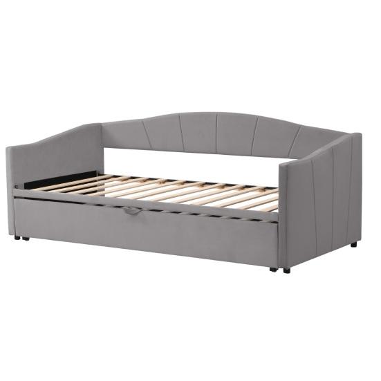 Upholstered Bed Extendable Sofa Bed 90/180x200cm with Slatted Frame, Multifunctional Bed Made of Skin-Friendly Velvet Fabric