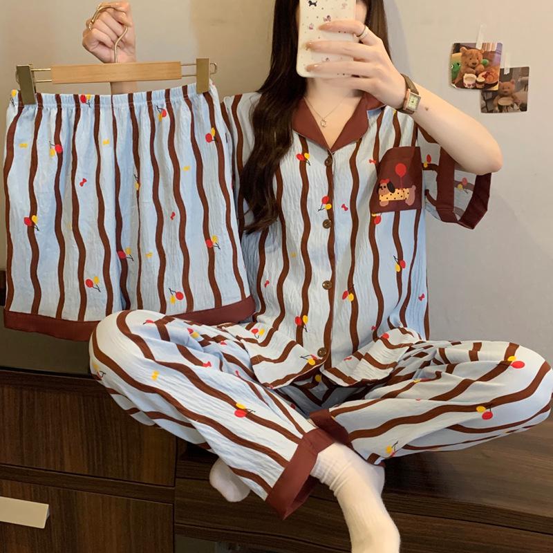 Leopard Print Love Heart Short Sleeve Pajama Set: Women's Summer Cloud Cotton Three-Piece Loungewear