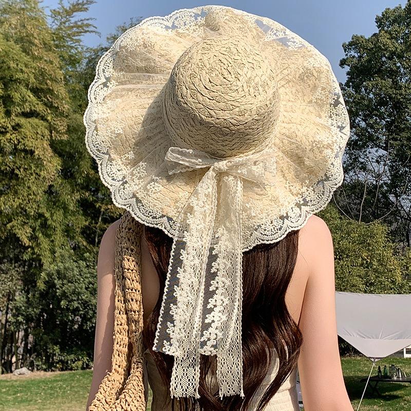 Summer Bow Sun Hat Female, Seaside Beach Vacation Sun Hat Outdoor Big Brim Sun Hat Sweet Straw Hat