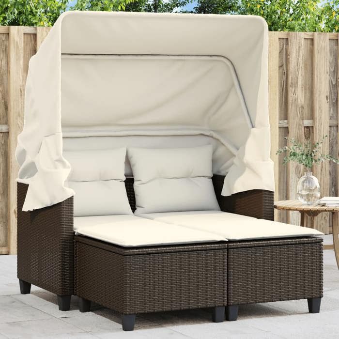 VidaXL Garden Sofa 2 Seater with Canopy and Stools, Patio Seat, Outdoor Balcony Terrace Furniture, Brown Resin 365782