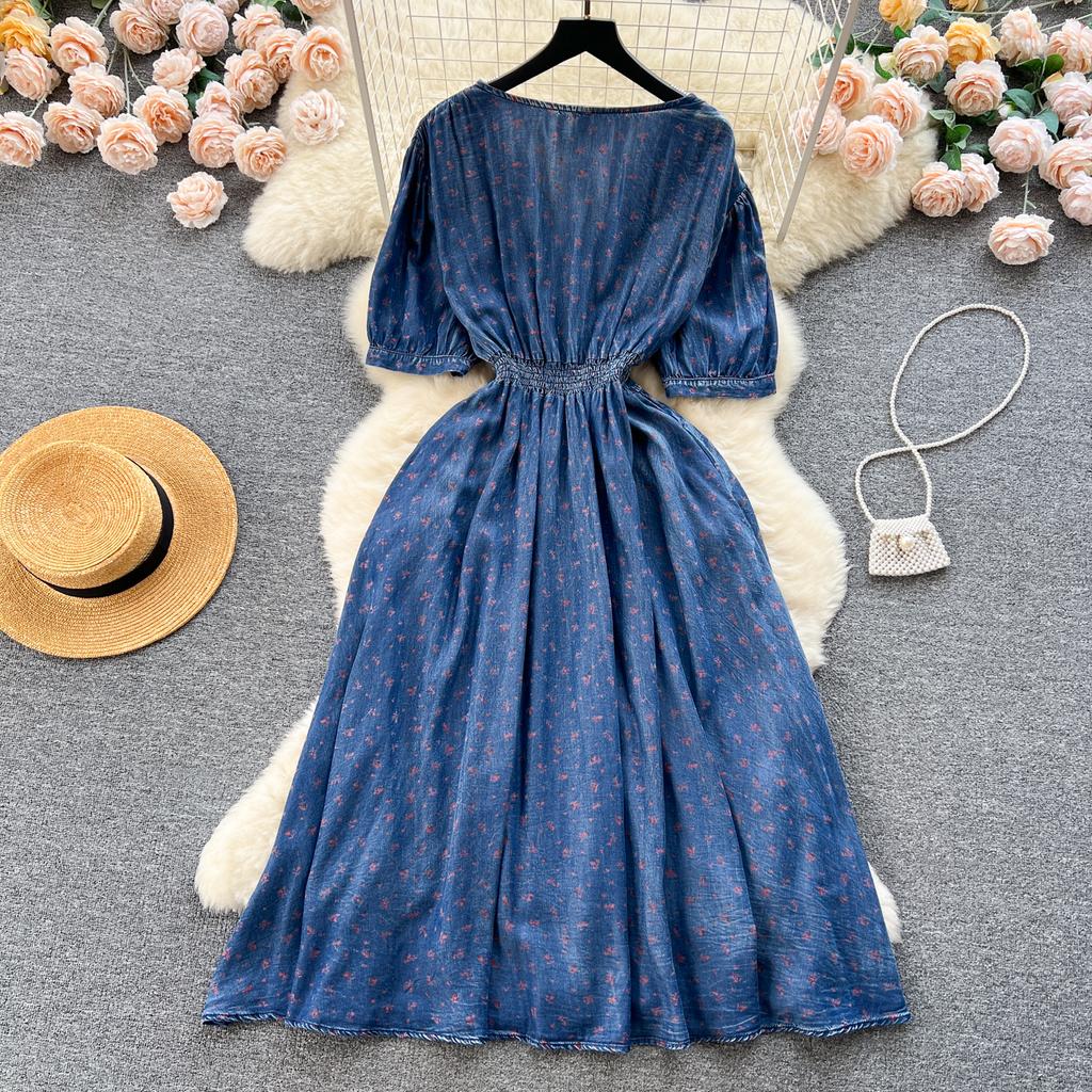 Fashion Summer Flower Print Soft Thin Denim Midi Dress Vintage Women V Neck Embroidery Floral High Waist Cowboy Office Dresses