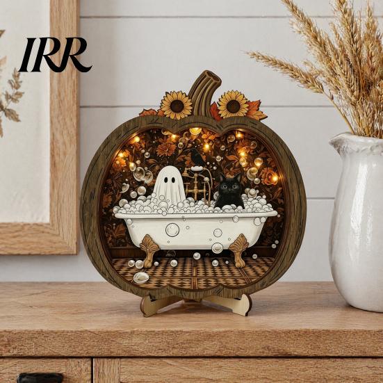 Autumn Pumpkin Table Decor Halloween Ghost Wooden Tabletop Ornament, 2D Flat Cute Reading Bathing Fall Harvest Home Decoration Watering Plaque