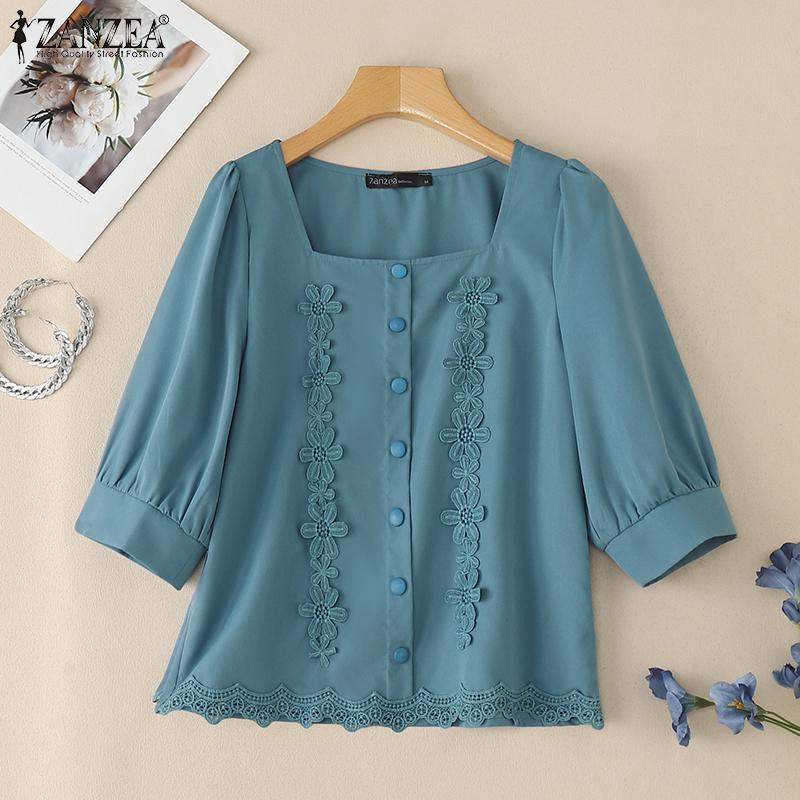ZANZEA Women Square Neck Casual Flower Splice Summer 3/4 Sleeve Blouse