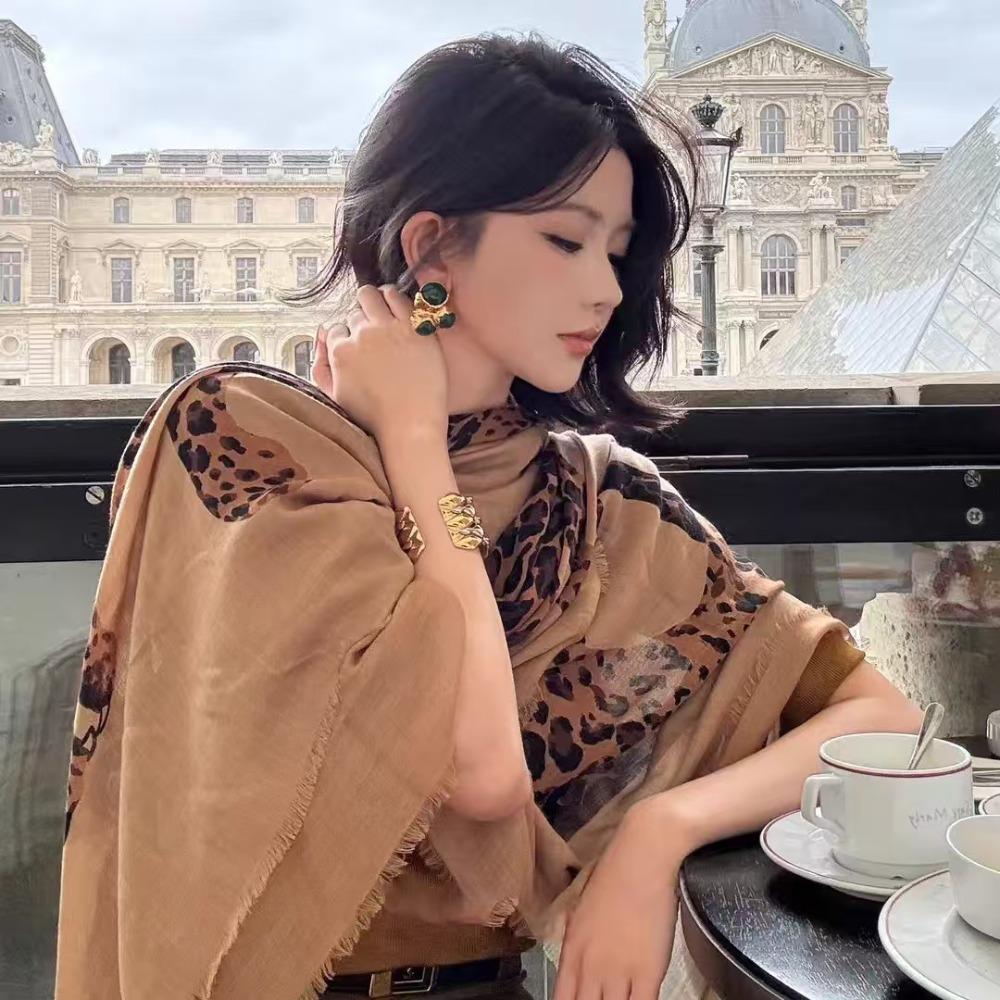 Fringed Edge Silk Scarf Leopard Print Fringed Shawl New Leopard Print Scarf  Head Styling