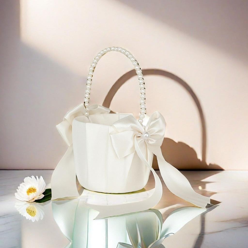 1pc-White Flower Girls Basket Silk Wedding Basket for Flower Bride/Kids Hand Held Wedding Ceremony Party Decorations