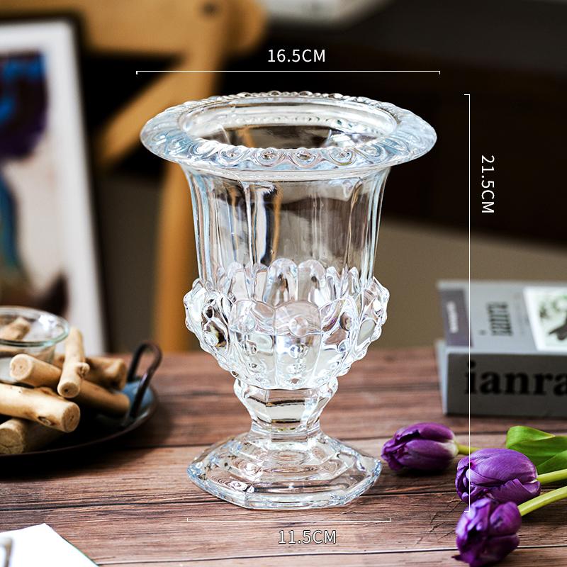 High-grade Transparent Glass Vase Ornaments French Retro Relief Feng Shui Culture Flowers Living Room Flower Arrangement