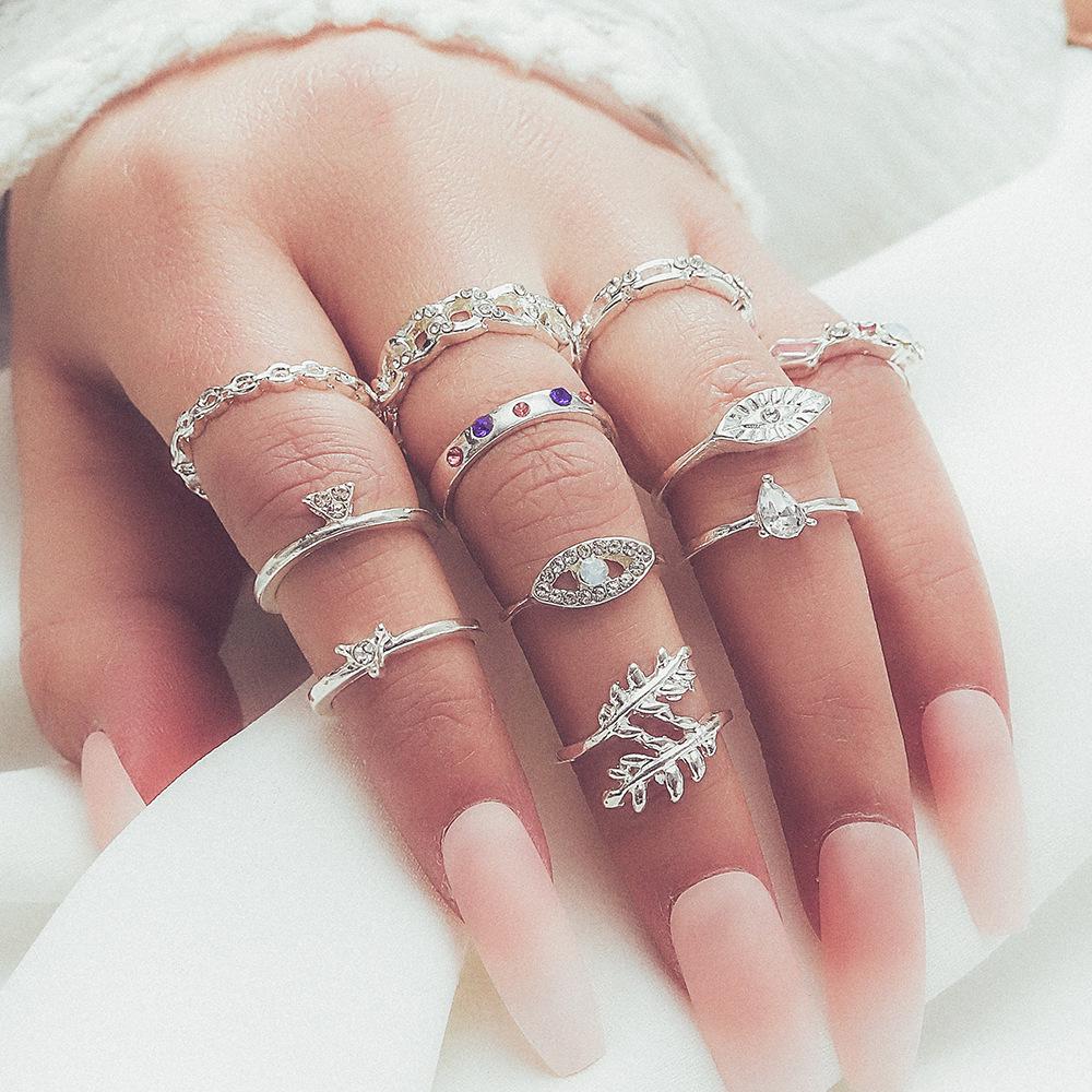 Leaf-Colored Diamond Ring Set: 11-Piece Water Drop Opal & Rhinestone Inlay