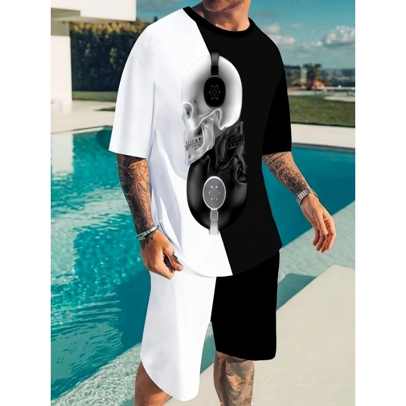 Мужской комплект из двух предметов с узором в виде черепов и цветовыми блоками, удобная футболка и повседневные шорты, летний наряд, Мужская одежда S