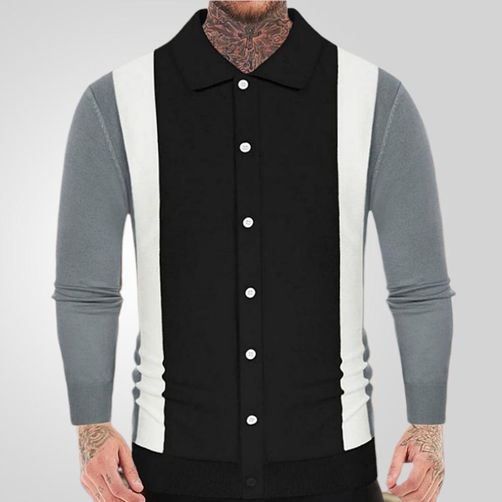 Men's Casual Color - Blocked Knitted Cardigan With Turned - Up Collar And Ribbed Cuffs Outerwear