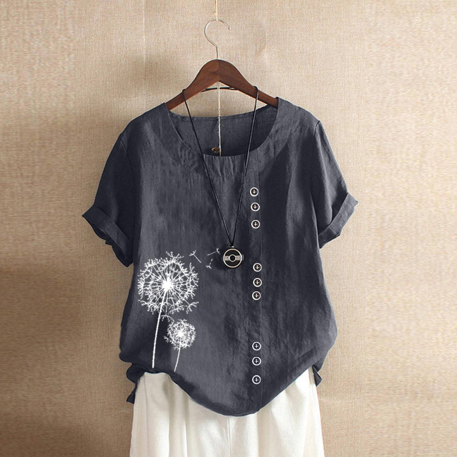 Womens Casual Loose Button Linen Plus Size Daily Boho Tanic T-Shirt Blouse Tops XL