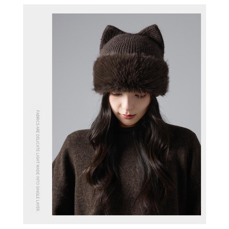 Korean Style Cute Cat Ears Plush Knit Hat Autumn Winter Warm Casual Beanie