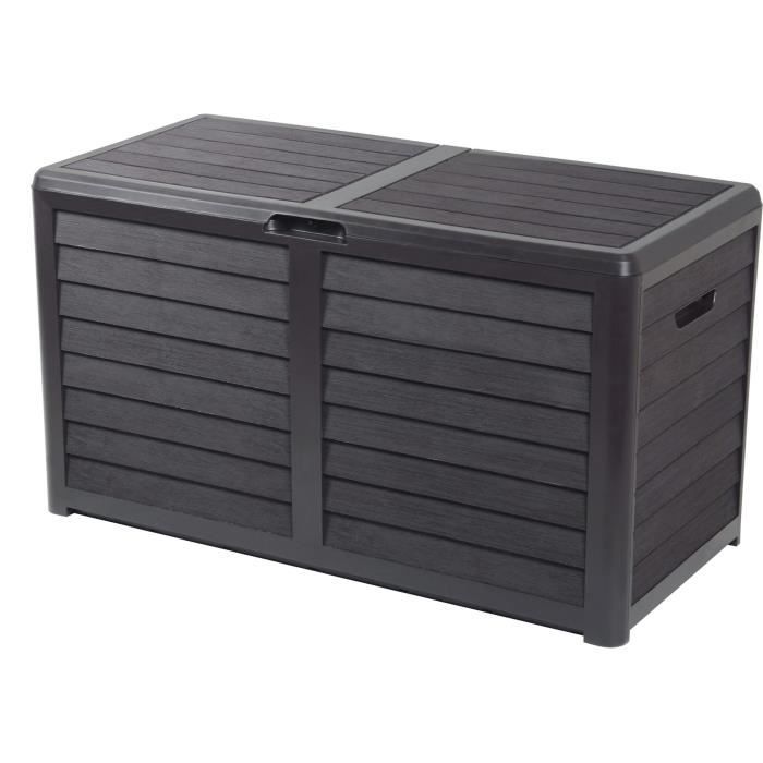 Coffre de jardin en Plastique - EDA - BAYA - 420 L - Décor imitation bois - 117,3 x 54,8 x H. 65,3 cm - Gris anthracite