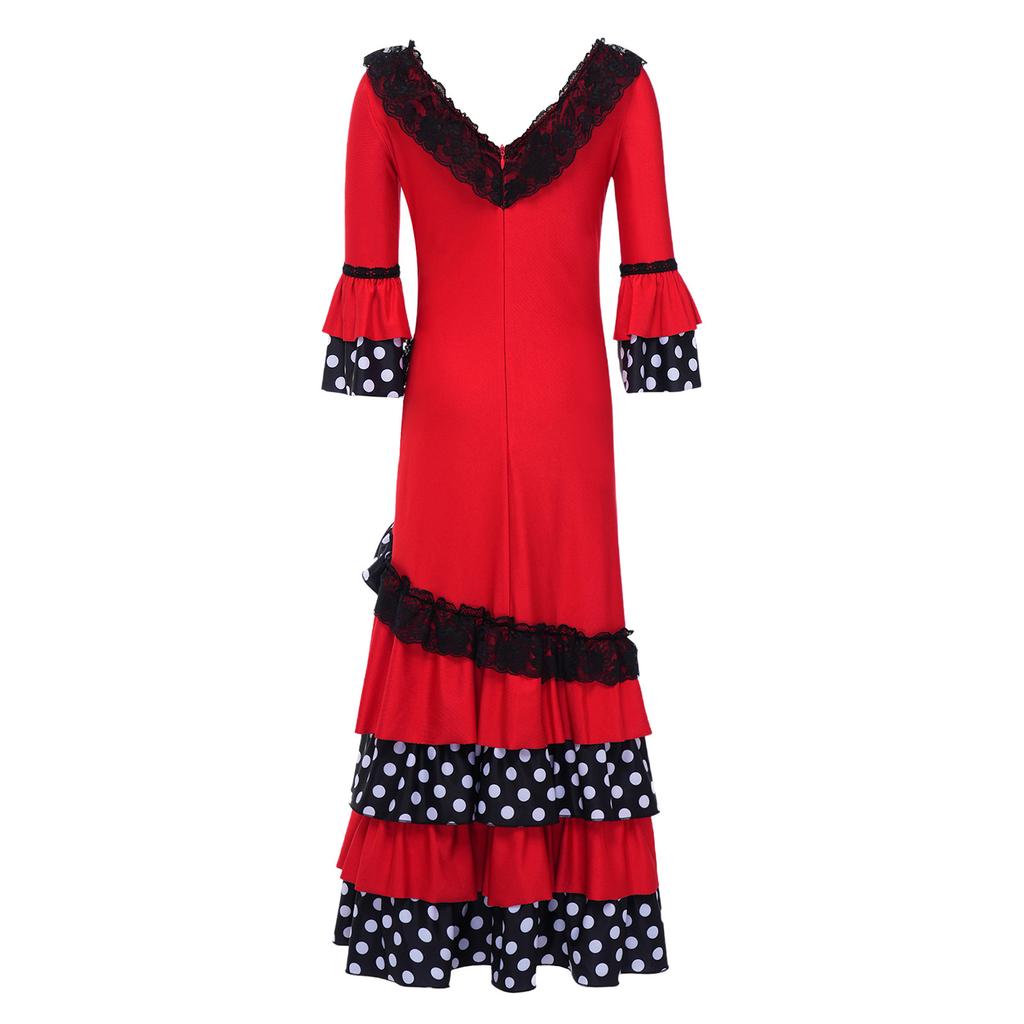 Girls V Neck Contrast Dots Tiered Ruffle Flamenco Dress Lace Trim 3/4 Sleeves Back Invisible Zipper for Performance Competition