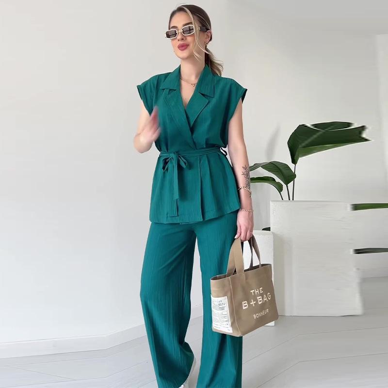 2024 Summer Women's Solid Color Lapel Waist-Tie Top & Commuting Long Pants Set