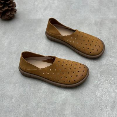 Handmade Genuine Leather Hollowed Out Flat Shoes Retro Loafers Round Toe Soft Sole Women's Sandals