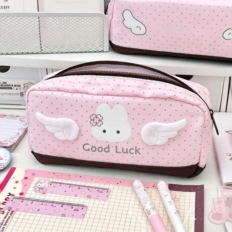 Cute Polka Dot 3D Bunny Wings Pencil Pouch Large Capacity Portable Stationery Storage Bag for Kids Teens School Daily Use