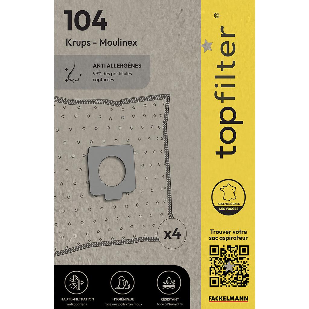 Lot de 4 sacs aspirateur pour Moulinex Krups TopFilter Premium ref. 64104