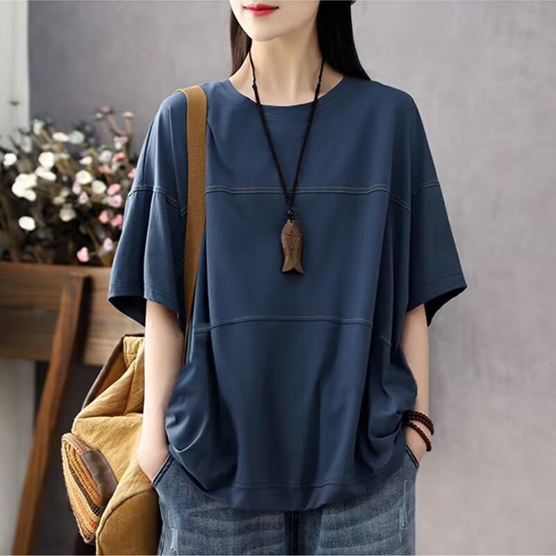 

Short-sleeved T-shirt for women in spring and summer new style for loose casual retro slimming T-shirt large size top M синий