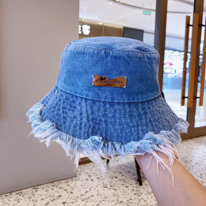 Korean Denim Bucket Hat for Women Vintage Metal Label Fisherman Cap Summer Lady Girl Sport Hiking Bob Caps