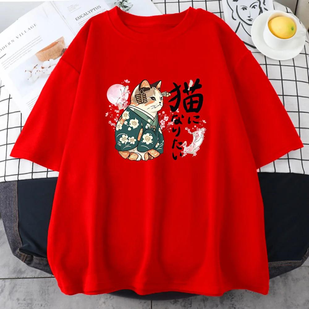Ukiyoe Kanji Cat Japanese Style Tshirt Blossom Sakura Pink Womens Harajuku Short Sleeve Casual Sleeved Harajuku Streetwear S