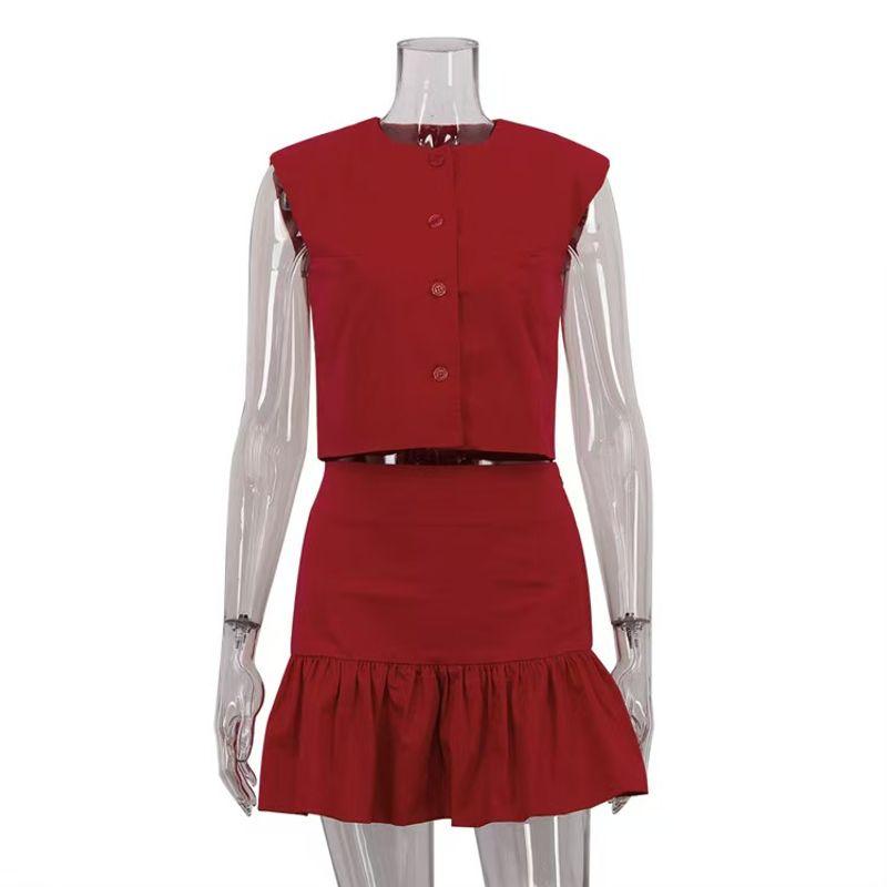 

Fashion Style New Arrival Fashion Sleeveless Vest Skirt Suit Cardigan Vest and Skirt Set Red L