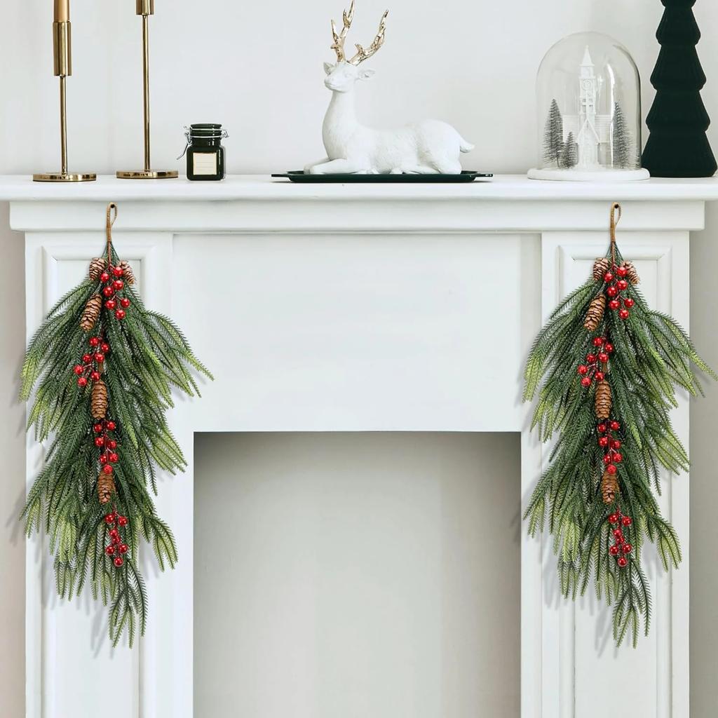 2 Pcs Artificial Christmas Teardrop Swag With Berries And Pinecones, Faux Berry Branch Teardrop Door Swag,