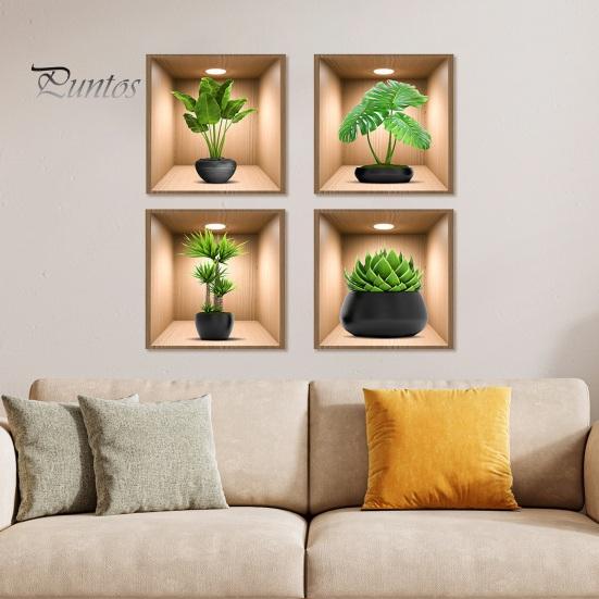 4Pcs/Set Potted Plants Wall Sticker 3D Effect Self-adhesive Waterproof PVC Removable Living Room Bedroom Modern Wall Art Green Plant Decoration Decal