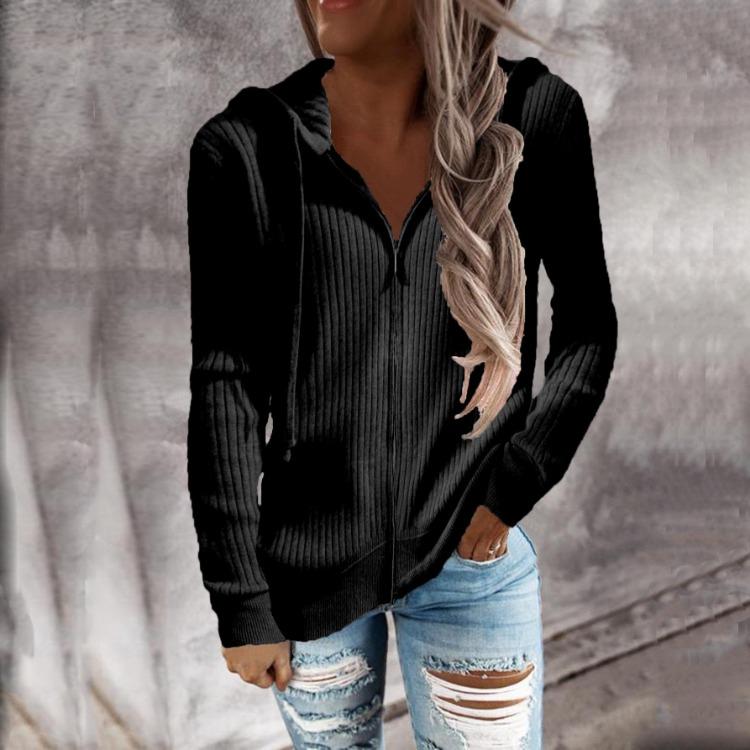 Hooded Women Long Sleeve Cardigan Knitted Zipper Loose Solid Color Sweater Autumn Winter