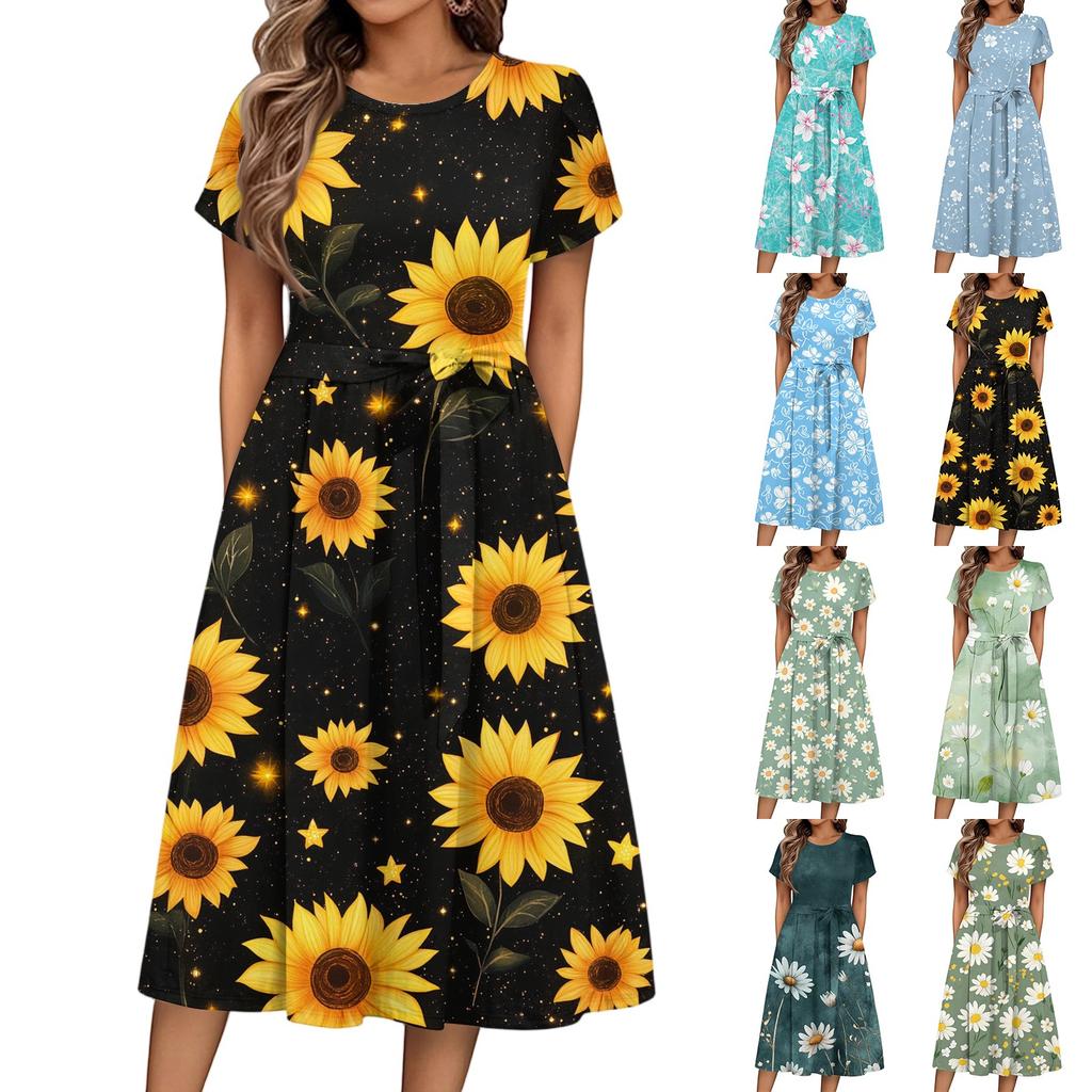 Women's Summer  Casual Floral Print  Round Neck Midi Dress Basic Classic Outdoor Everyday Short Sleeve Loose Dress