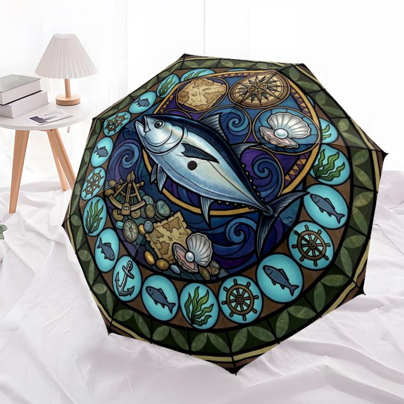 Marine Adventure Symbols Pattern Umbrella, Portable and Foldable Design, 8 Ribs, a Casual Accessory for Halloween, Christmas, and Birthday Gifts.