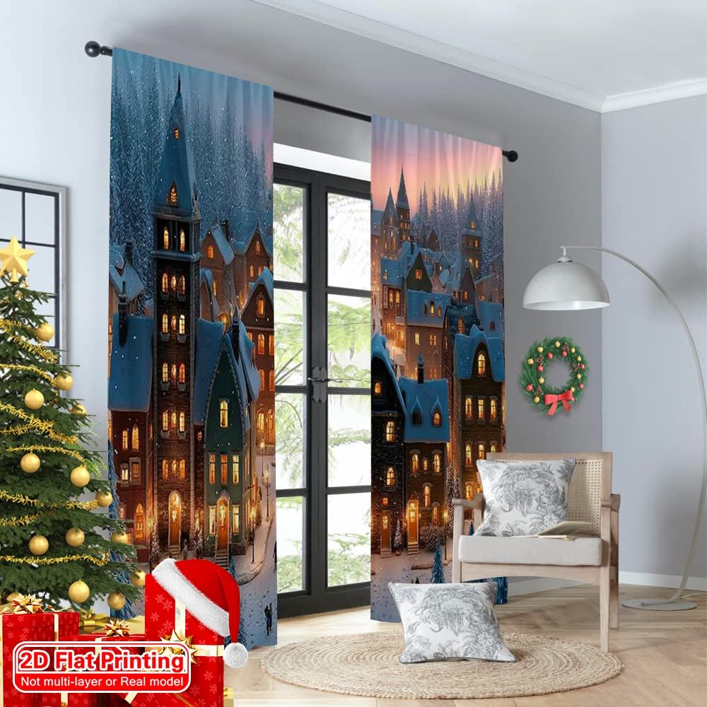 2pcs 2D flat printing Merry Christmas Popular Curtains Beautiful winter snow city 100% Polyester Without Electricity Festive