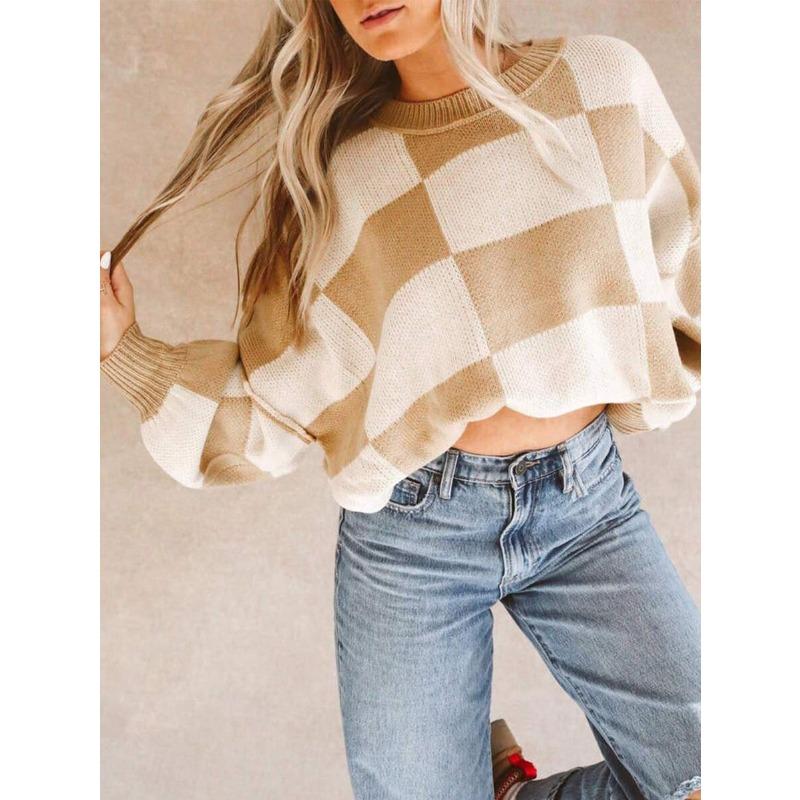 

Клетчатый свитер с длинными рукавами и круглым вырезом XL хаки