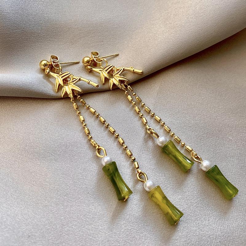 Olive Green Tassel Bamboo Earrings: Women's Chinese Style, Qipao-Inspired Leaf Ear Cuffs