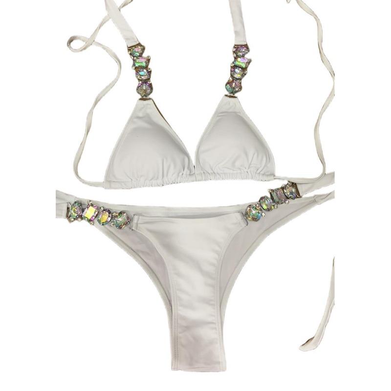Women S Sexy Solid Color Bikini Set With Metal Chain Accessories Swimwear