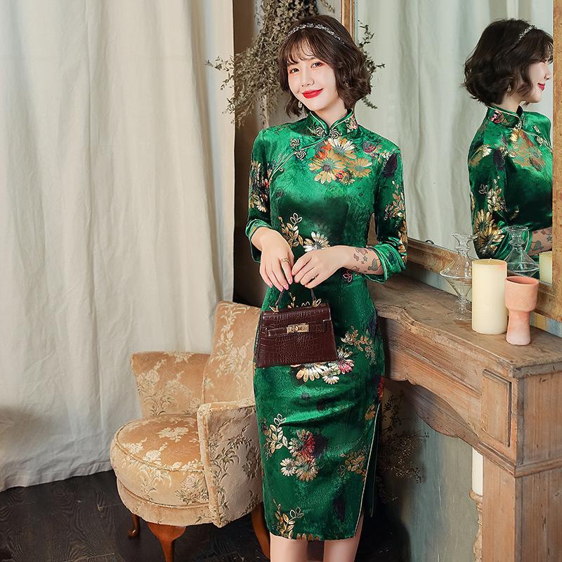 Damen Retro Druck Cheongsam Kleid Mode Samt Chinesischer Stil Stehkragen Halbe Ärmel