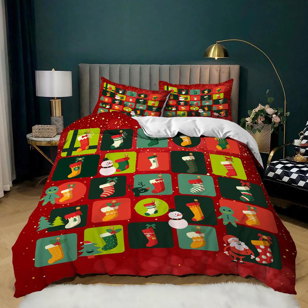 Pink Christmas Duvet Cover Snowman Pine Printed Cartoon Santa Claus Bedclothes for Girls Kids Women Teens Happy New Year Queen