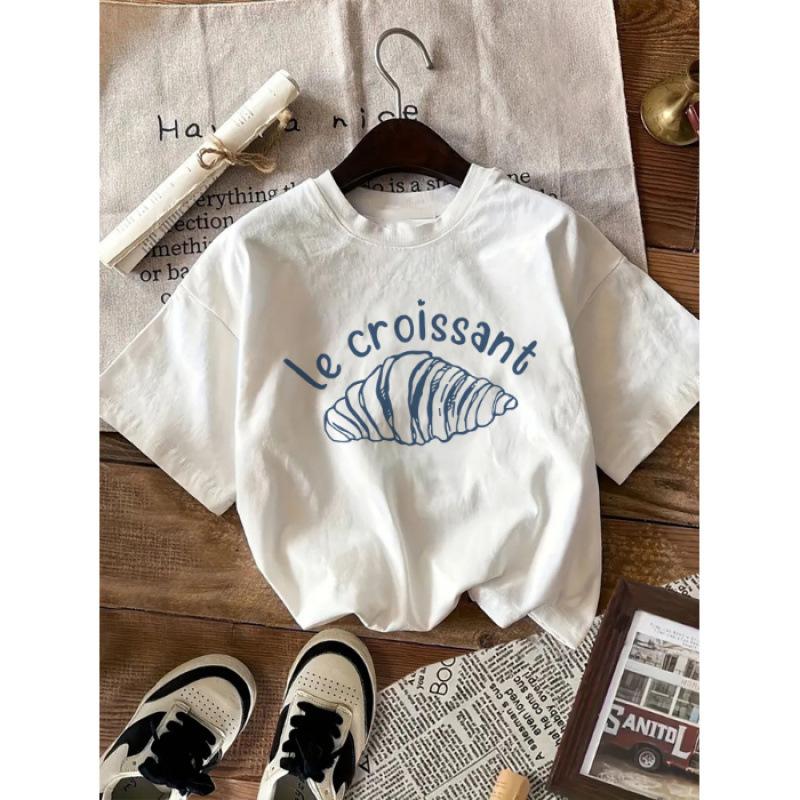 Women s casual croissant round-neck short-sleeve T-shirt, summer loose, comfortable pure cotton top S