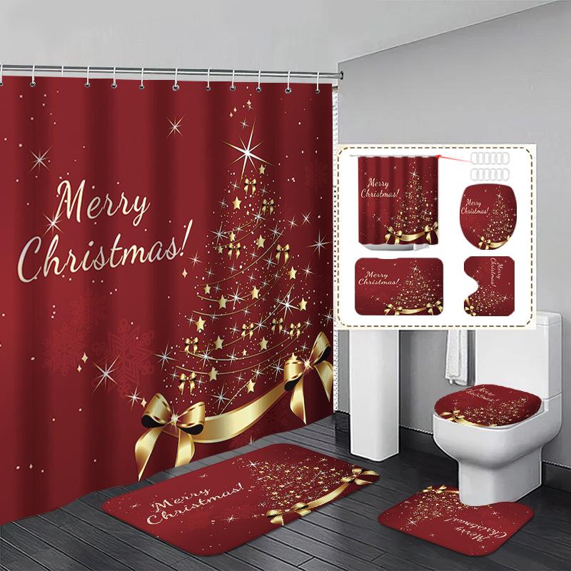 4pcs Full Set Red Golden Christmas Shower Curtains Snowman Print Curtain 2025 New for New Year Bathroom Decoration With Hooks