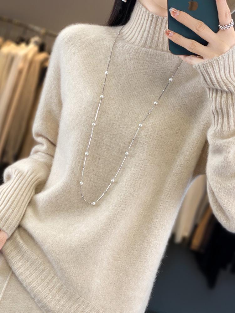 Women's High Neck 100% Wool Sweater - Loose Knit, Thick, Versatile, Cozy Base Layer for Autumn & Winter