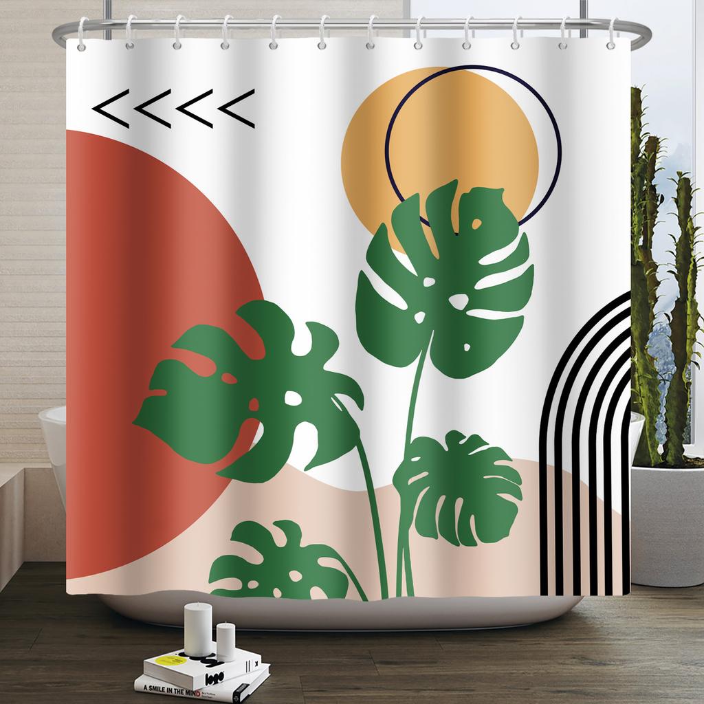 Mid Century Abstract Boho Shower Curtain Green Leaf Plant Modern Arch Sun Minimalist Nordic Waterproof Bathroom Bath Curtain