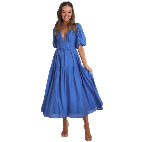 Women's Bohemian Long Dress Deep V Neck Puff Short Sleeve Swing Dress Summer Tiered Flowy A Line Midi Dress