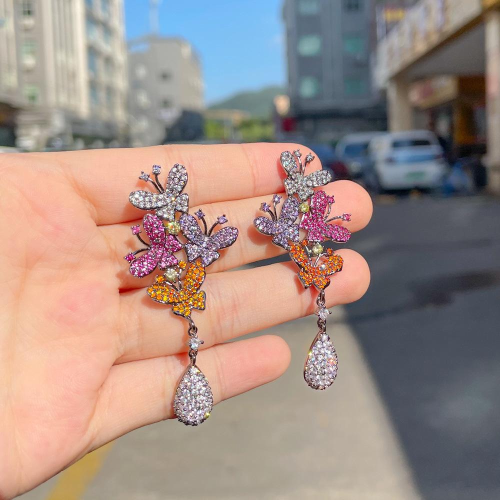 Elegant Temperament French Court Style Heavy Industry Colored Zircon Butterfly Earrings, Personalized Insect Retro Earrings