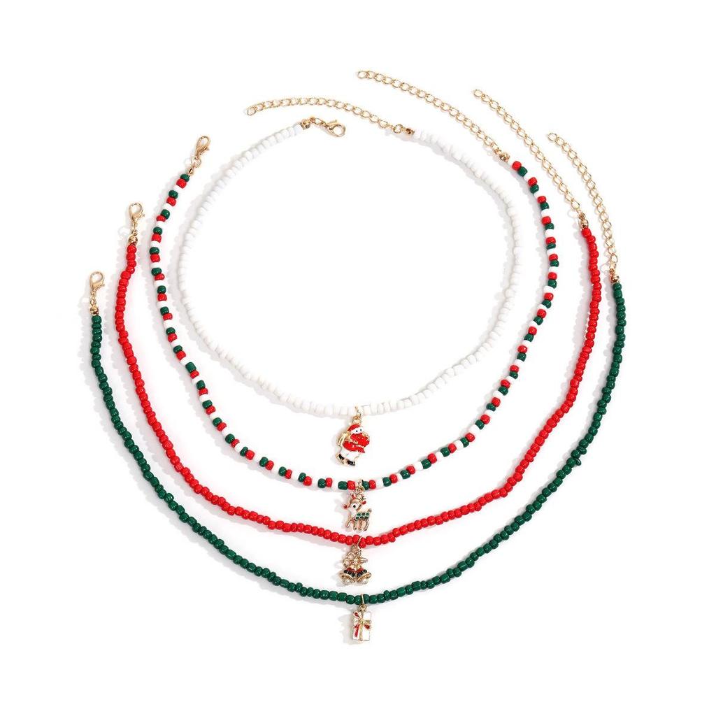 New Creative Christmas Set: Santa Claus Cane, Christmas Hat, Snowman Beaded Necklace