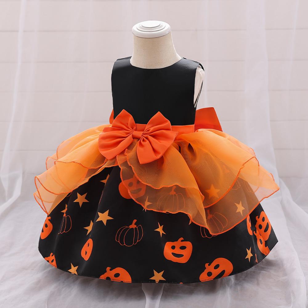 Κολοκύθα Μωρό για Κορίτσι Cosplay Αποκριάτικη Στολή Φορέματα για Παιδιά Φιόγκος Πορτοκαλί Φορέματα Πάρτι Κοριτσιών Μαύρος Φάντασμα Αποκριάτικο Φόρεμα Χορού