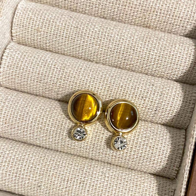 Round Tiger's Eye Stone Earrings Autumn Winter Retro Atmosphere Temperament Fashion Personality Design Women's Versatile Daily Earrings