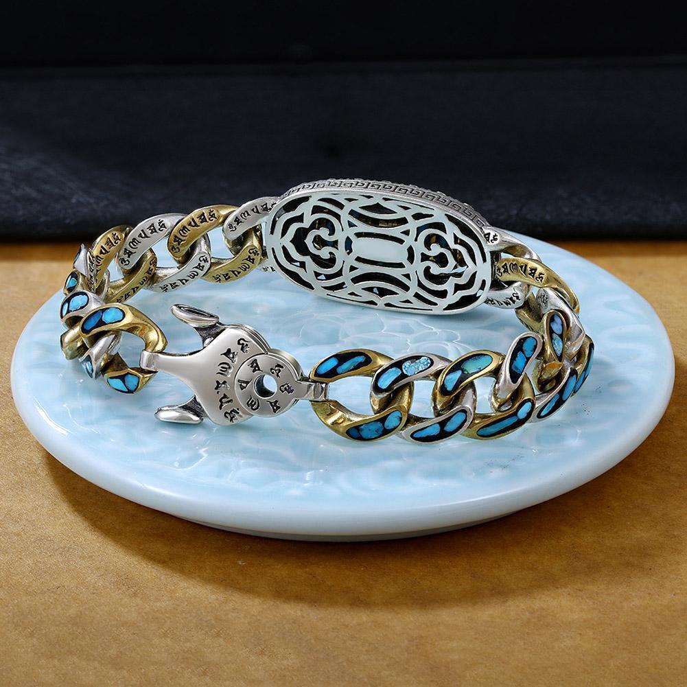 Turquoise Six-character Mantra Nine-eyed Dzi Bead Bracelet, Style W Tibetan H6I0