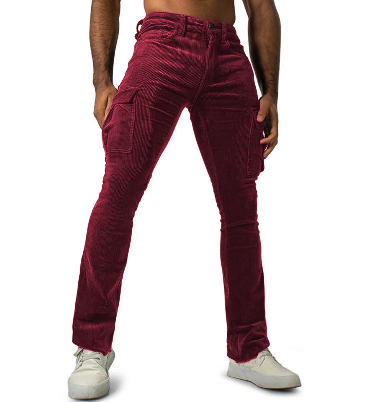 

Men s European and American jogging corduroy solid color casual breathable street fashion multi-pocket slim-fit elastic overalls XXXL бордовий