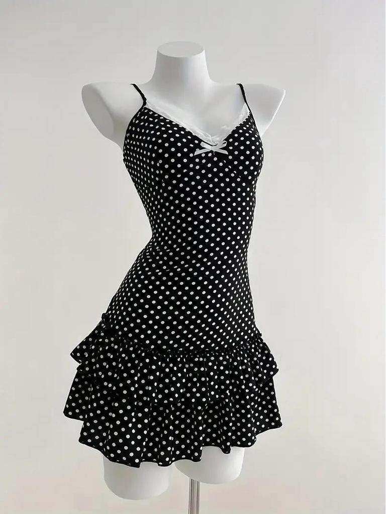 European-Inspired Sweet Polka Dot Bow Waist-Cinching Lace Slip Dress